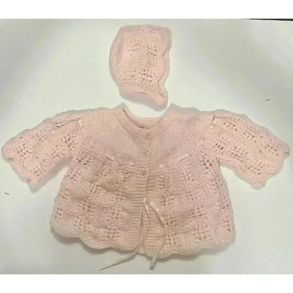 Handmade Knitted Baby Sweater Set With Hat Pink Jerene Bartle - Picture 1 of 4